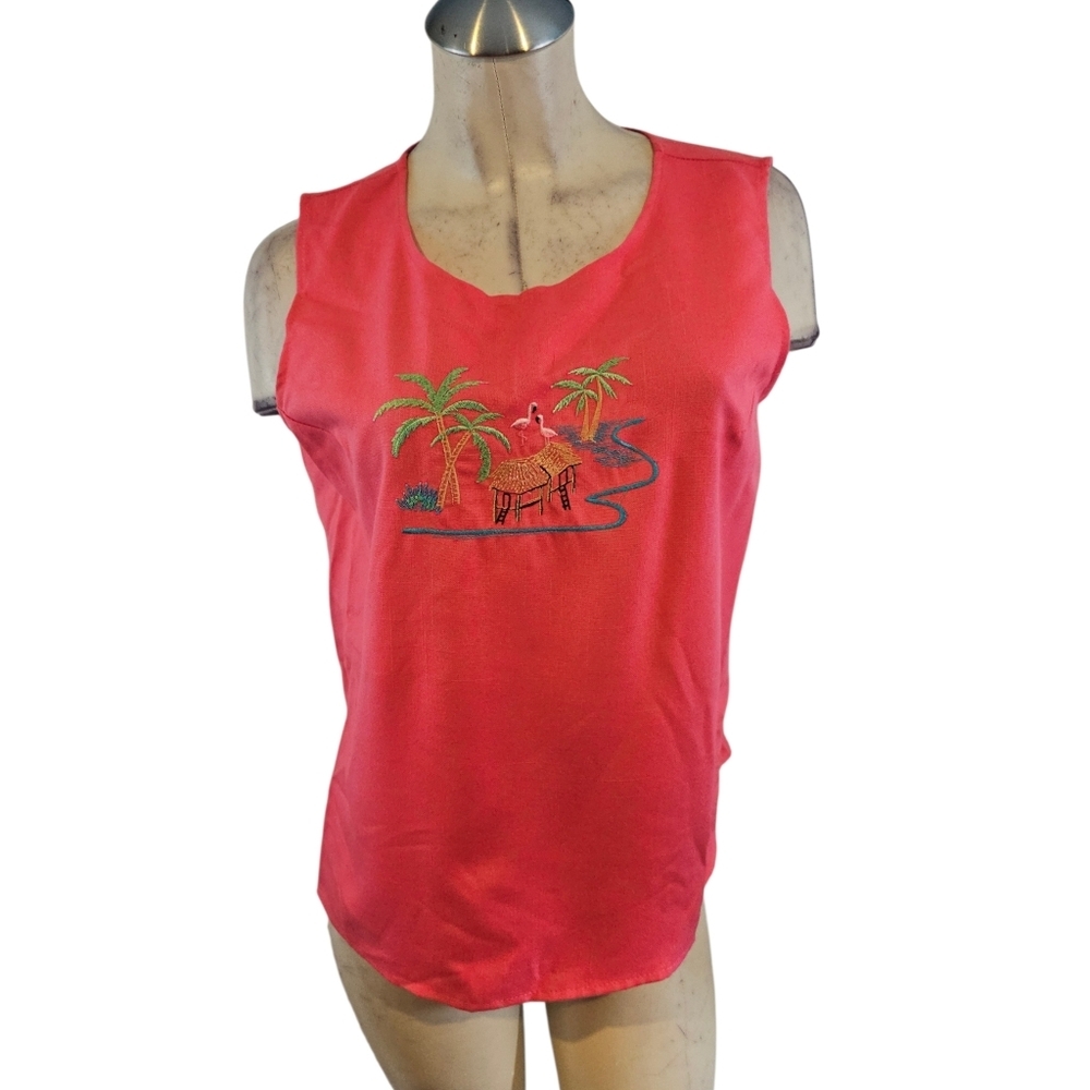Vintage Lilly Of California Size M Sleeveless Top Cabana Flamingo Embroidery